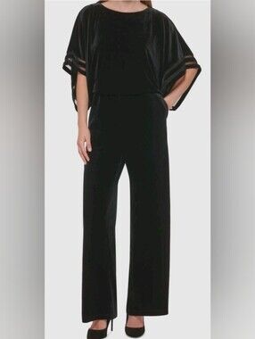Jessica Howard Black Blouson Illusion Sleeve Velvet Wide-Leg Jumpsuit Size XL